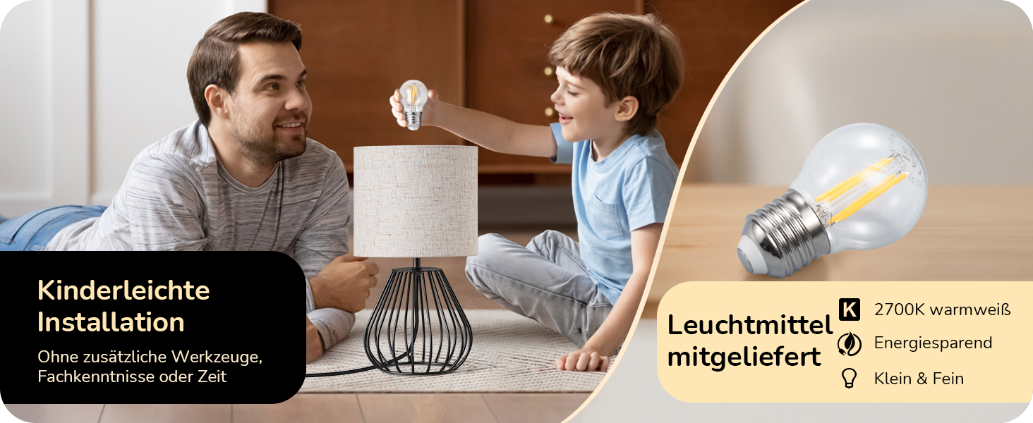 EDISHINE Настільна лампа, сучасний дизайн, індустріальний стиль, E14 цоколь, вінтаж, для спальні, вітальні, бежево-чорний льон + чорний