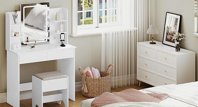Туалетний столик WOLTU з LED-підсвіткою, регульованою яскравістю, 2 USB-портами, дзеркалом, 2 шухлядами та 4 відкритими полицями, білий, для макіяжу і спальні, модель MB6112ws з гірляндою