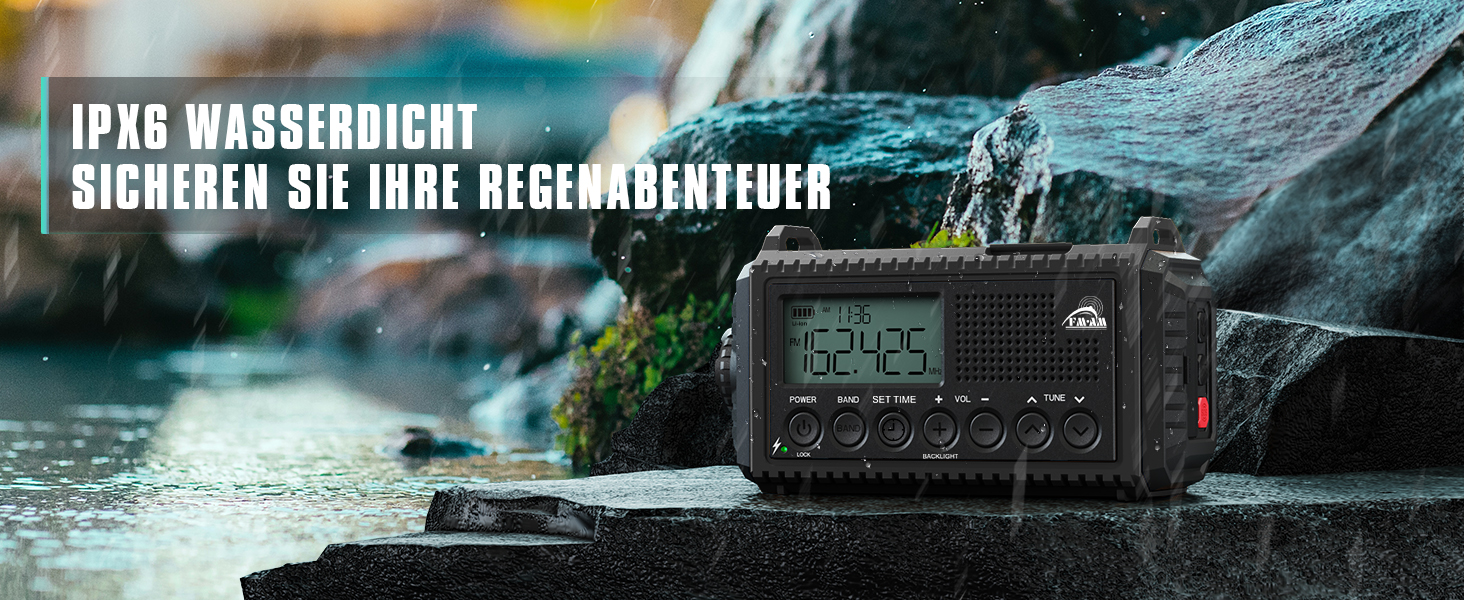 Радіо на сонячній батареї та з ручним генератором | Powerbank 12000mAh, AM/FM/SW, SOS, USB-C, IPX4, ліхтарик, для кемпінгу та відпочинку на природі (чорний)