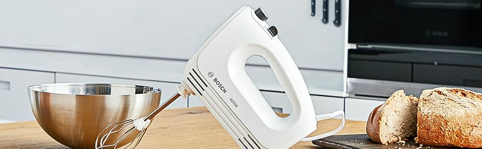 Міксер Bosch CleverMixx MFQ24200: 400 Вт, білий, з набором насадок (2 вінчики, 2 гаки), нержавіюча сталь, 4 швидкості, турбо-режим, легкий, тихий, для кухні