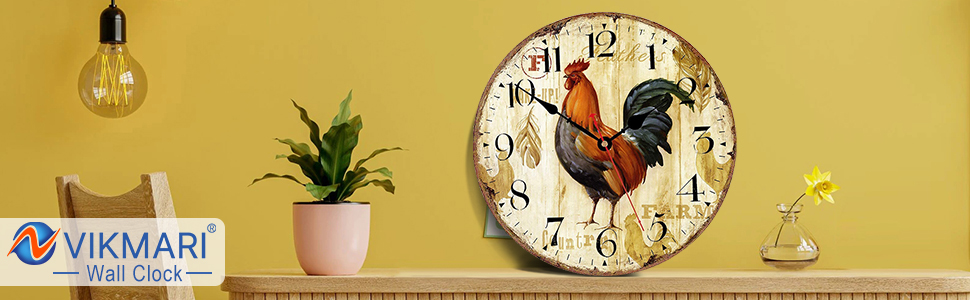 Настінний годинник VIKMARI Rustic Rooster 12 дюймів, безшумний кварцовий, круглий для кухні, батарейковий
