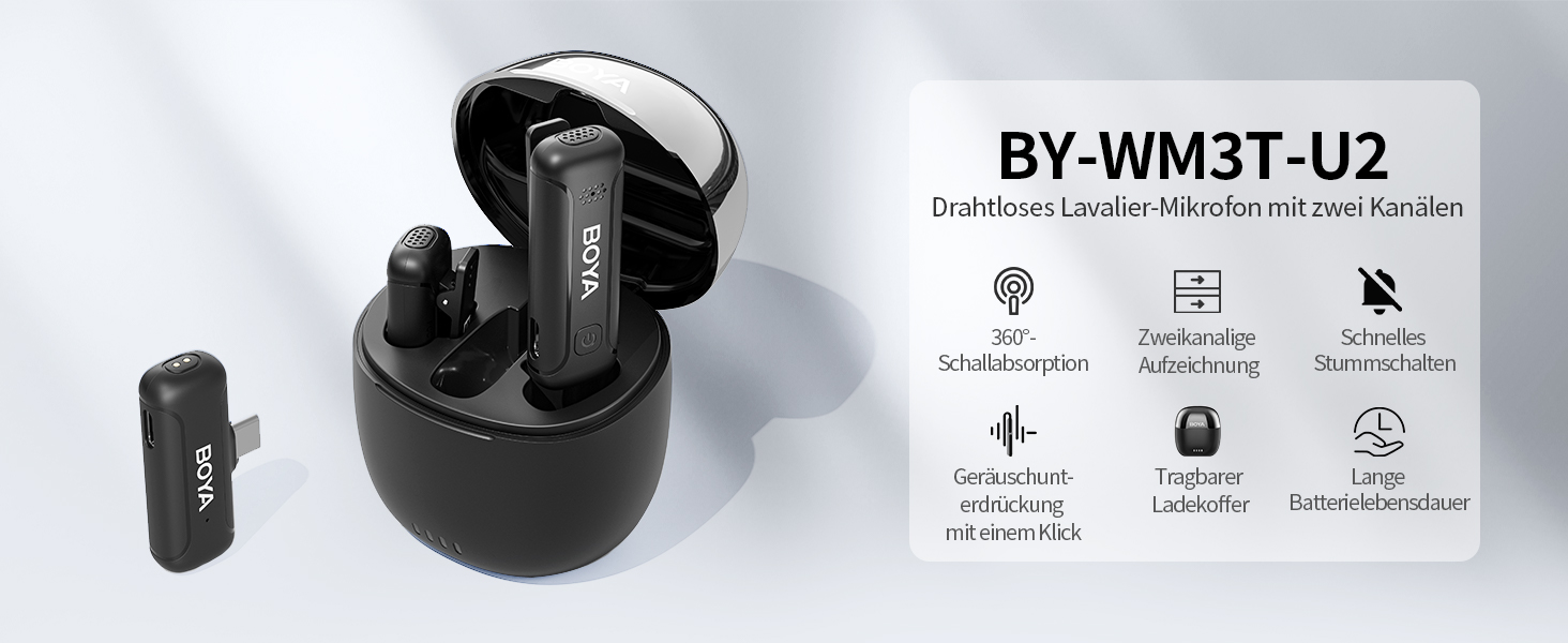 BOYA BY-WM3T-U2: Бездротовий петличний мікрофон з USB-C для Android/iPhone - 100м, 32год, шумозаглушення