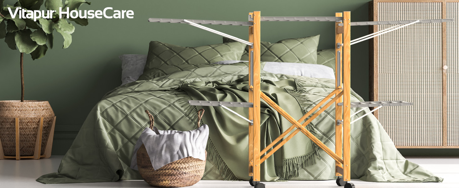 Сушарка для білизни Vitapur XXL з роликами - 2 рівні, 21м довжини, складна, 12см деревоподібний дизайн, мобільна, внутрішня/зовнішня, вантажопідйомність 25кг, 136x69см, економія місця