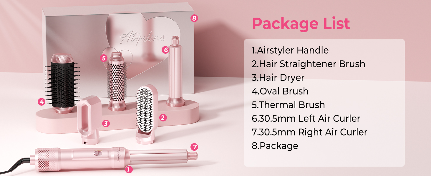 Фен-щітка Airstyler 6 в 1 Atopskins: 1000W, для об'єму, сушіння, випрямлення, локонів, рожевий