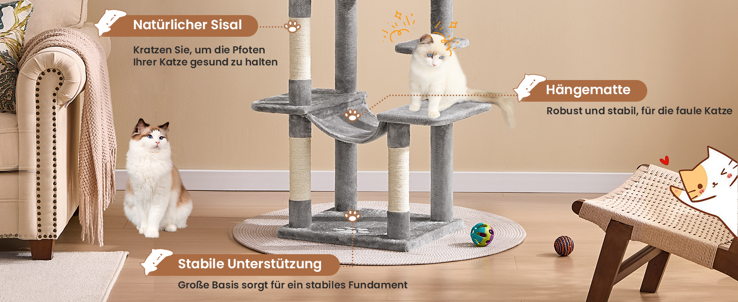 Кігтеточка для котів MSmask велика, багатоповерхова з платформами, гамаком та сизалевими стовпами (світло-сіра)