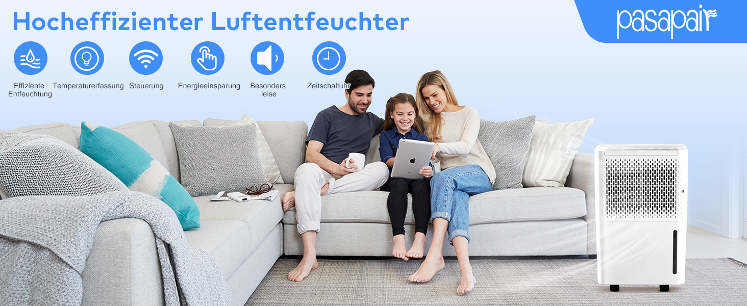 Зволожувач повітря Pasapair 12L - автоматичний осушувач для дому до 120 м³ з таймером, 3 режими, цифровий дисплей, шланг, захист від вологи та плісняви