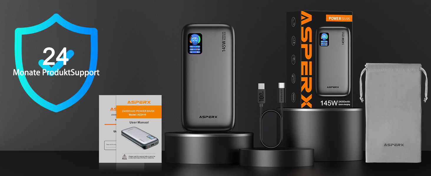 Power Bank AsperX 100W 24000mAh з LED-дисплеєм для ноутбуків, телефонів (iPhone 16/15/14 Pro), MacBook, iPad, Tablet, Steam Deck (сірий)