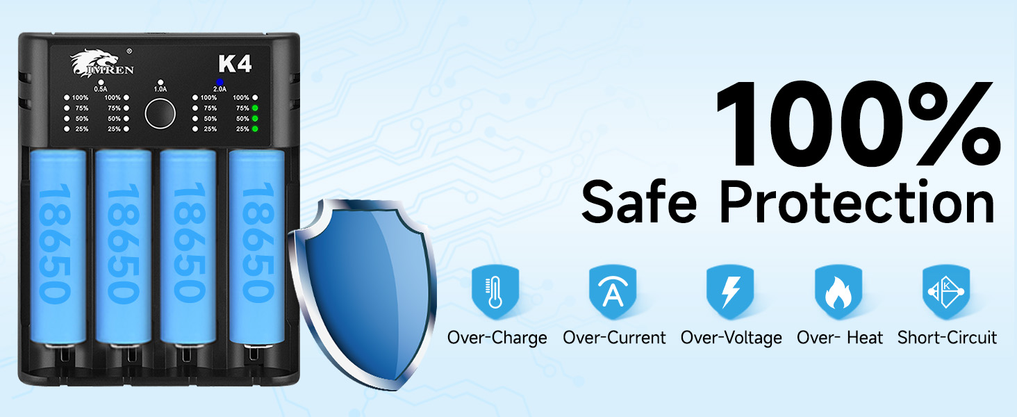 Зарядний пристрій IMREN 18650 з 4 слотами, 2A, USB-C для Li-Ion акумуляторів 18350, 14500, 14650, 17500, 18700, 20700, 21700, 22650, 26650, 1.2V NI-MH/NI-Cd AA AAA C