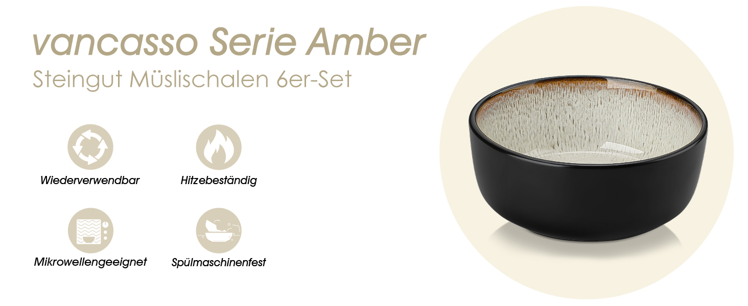 Набір посуду Steingut 24 шт. vancasso AMBER: 6 обеденних, десертних та супових тарілок, супові миски, реактивна глазур, безпечний для миття в посудомийній машині