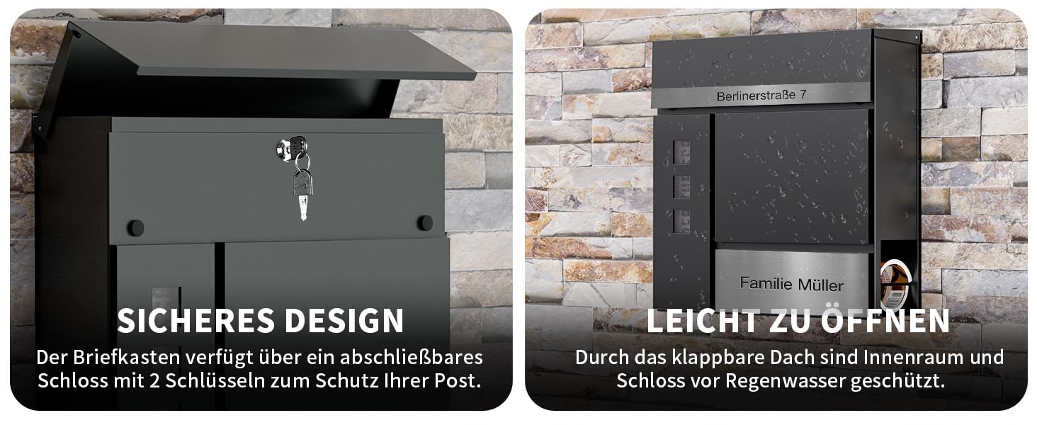 Поштовий ящик Anthrazit з гравіюванням, персоналізований, нержавіюча сталь, з відділенням для газет та замком (2 ключі) | Поштовий ящик з іменним шильдиком та номером будинку