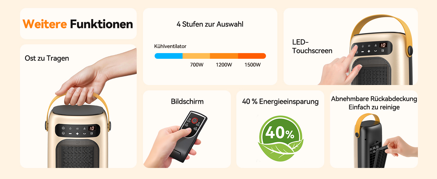 Електричний обігрівач PTC керамічний 1500W з пультом керування, 4 режими, осциляція 110°, таймер 1-10 год, захист від перегріву та перекидання. Компактний обігрівач для дому, золото.