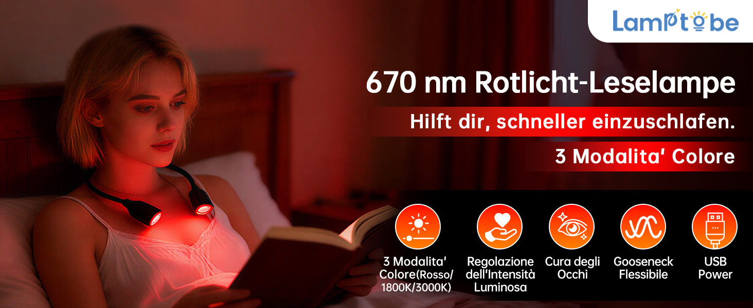 Світлодіодна лампа для читання з кліпсою 670 нм, з функцією пам'яті, димуванням та USB-зарядкою. Безсиній, портативний світильник для читання в ліжку, нашийний ліхтар