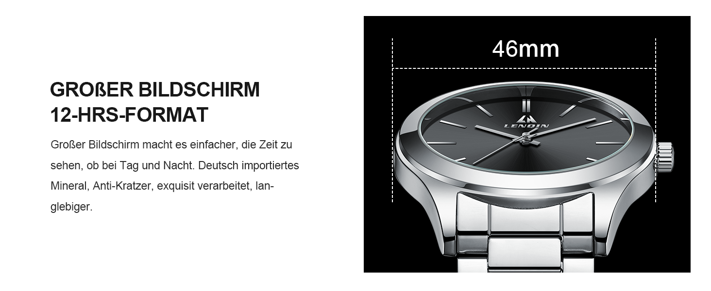 Годинник чоловічий LENQIN з нержавіючої сталі, аналоговий кварцовий годинник, водостійкий (30м), для бізнесу та повсякденного носіння, срібно-чорний (02)
