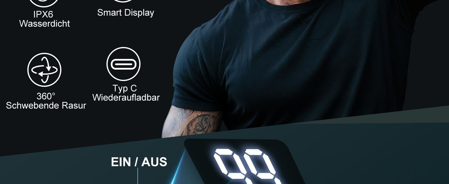 Машинка для гоління голови Glatzen Herren 7D, водонепроникна, для сухого та вологого гоління, з LED дисплеєм, Type-C, чорна