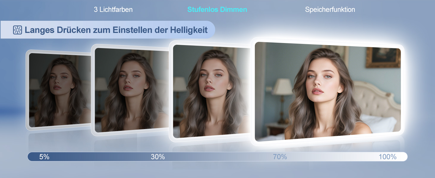 Дзеркало для ванної кімнати зі підсвічуванням STARLEAD 100x70 см, Bluetooth, антизапар, регулювання яскравості, 3 кольори світла, функція пам'яті, IP44, LED, горизонтальне/вертикальне, HD скло, Madrid Silver (Bluetooth)