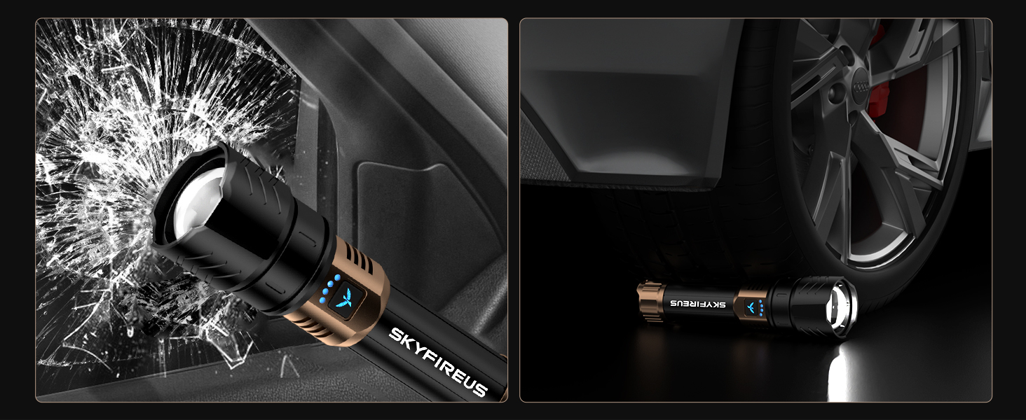 Ліхтар налобний LED Skyfire 900000 Люмен з лінзою для розпалювання вогню, USB-зарядка, 4 режими яскравості, Zoom, для кемпінгу, надзвичайних ситуацій та походів (чорне золото)