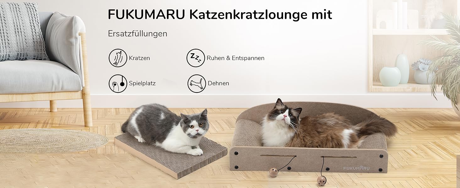 Cat Scratch Board, 66CM Durable Scratch Cardboard and Felt, Large Lounger, 2 Reversible Cat Scratch Pads for Cats, Recyclable Cardboard Cat Bed with Bell Ball Toy, Caramel Color (Large Format Beige)