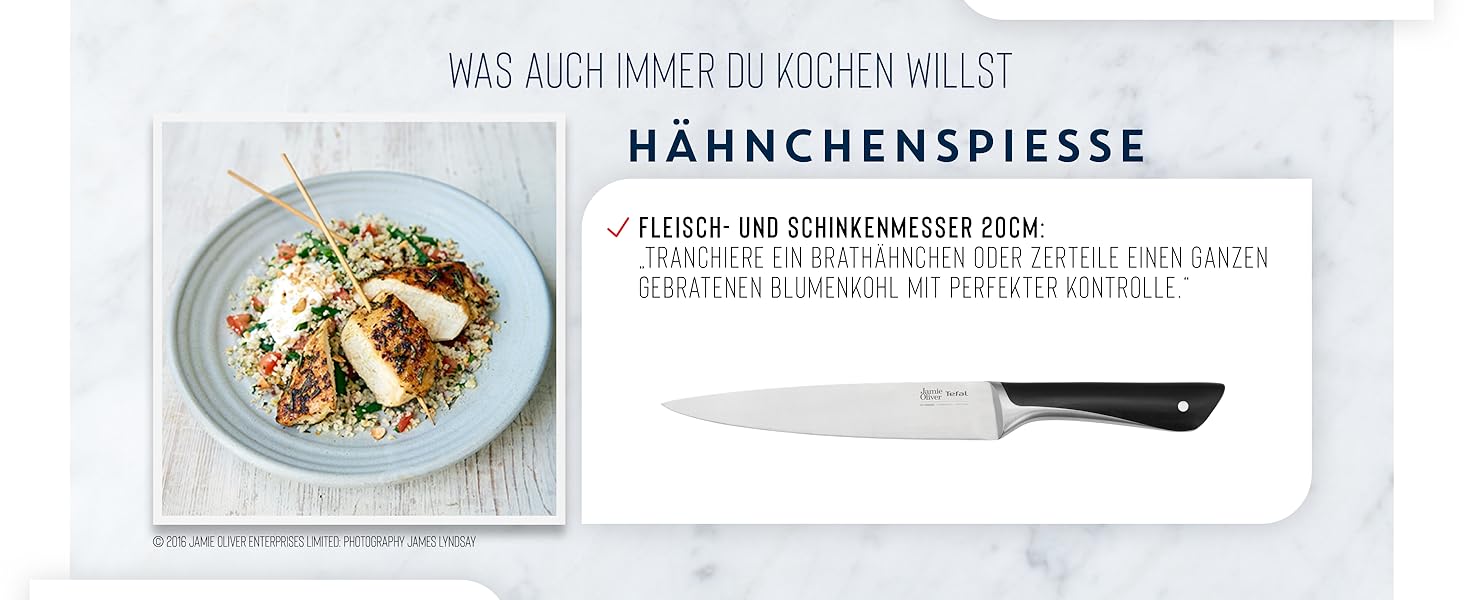 Набір кухонних ножів Jamie Oliver by Tefal (5 предметів) + блок: шеф-ніж, сантоку, ніж для хліба, універсальний ніж, ніж для овочів, сталь, акація, коричневий K267S556