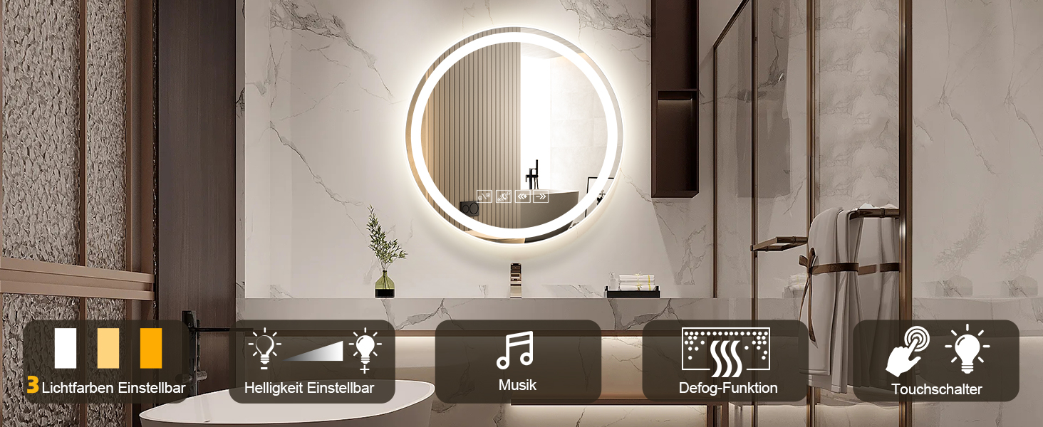 Дзеркало для ванної кімнати з підсвічуванням 50x70 см, з функцією проти запотівання, годинником, LED, сенсорне управління, пам'ять, 3 кольори світла, регулювання яскравості