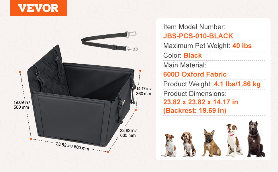 Автокрісло для собак VEVOR: водонепроникне, з підставкою, з лебідкою, чорне, до 22 кг