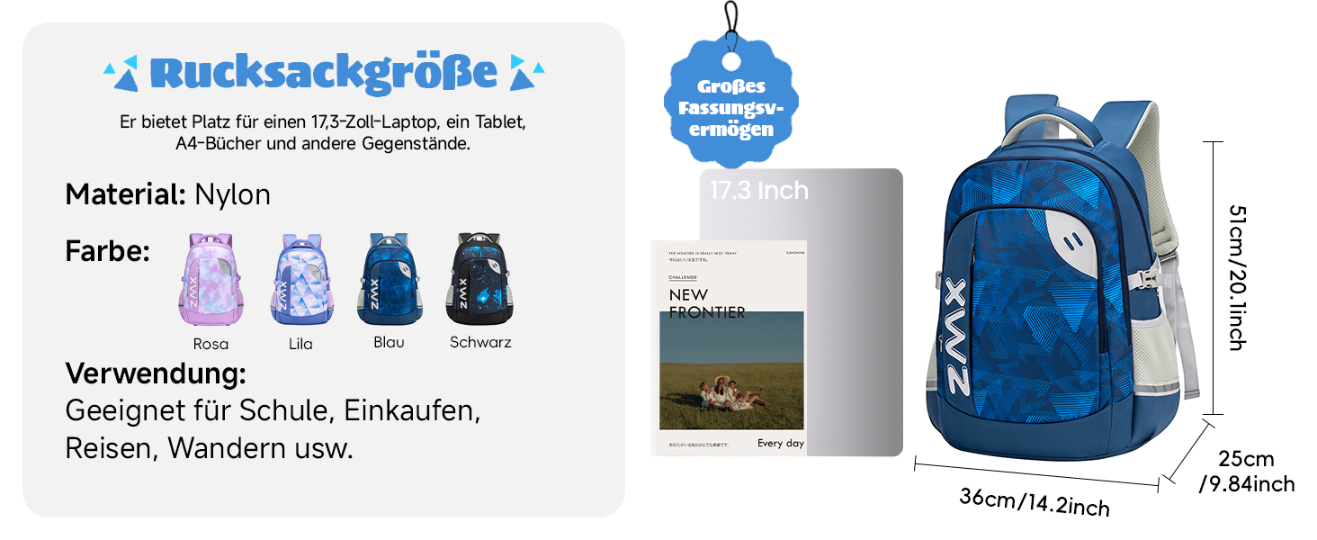 Шкільний рюкзак для підлітків 46L, рюкзак для школи, гімназії, старшої школи з нагрудним ременем, світловідбиваючими елементами, відділенням для 17.3' ноутбука, міцний, повсякденний, фіолетовий - 5255