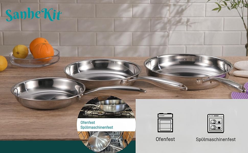 Набір сковорідок SanheKit з нержавіючої сталі, 3 шт. (8, 10, 12 дюймів), професійний, індукційний, для плити та духовки