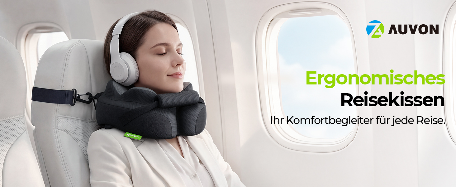 Подушка для шиї AUVON для подорожей: ергономічна підтримка голови та шиї, регульована підставка для підборіддя, дихаюча тканина, проти напруження шиї (літак, авто, поїзд)