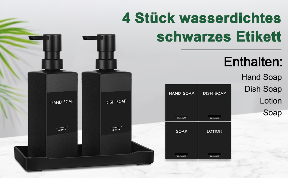 Диспенсер для мила GMISUN чорний скляний 350 мл для кухні та ванної кімнати з піддоном та водонепроникними етикетками