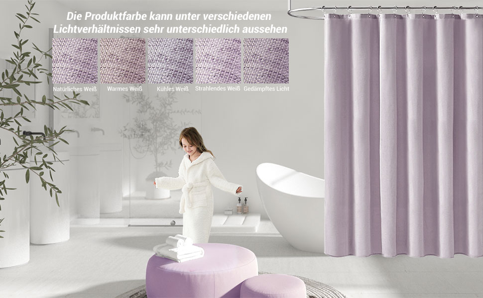 Шторка для душу BTTN, тканинна, 180x200 см, льонова текстура, антигрибкова, миється, текстильна, з 12 гачками, сучасна, водовідштовхувальна, з обтяжувачем, декор, поліестер, кремовий колір (лавандовий, однотонна, H180 x B180 см (упаковка 1)