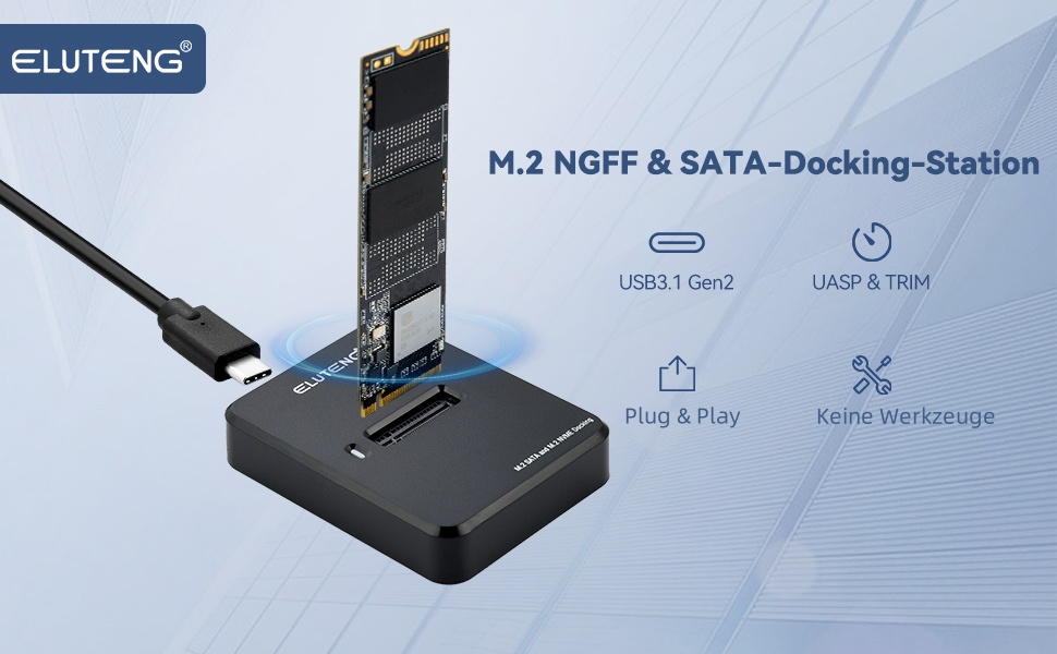 Док-станція для SSD ELUTENG: M.2 NVMe/SATA, 10Gbps, підтримка 2230/2242/2260/2280, адаптер з USB-корпусом