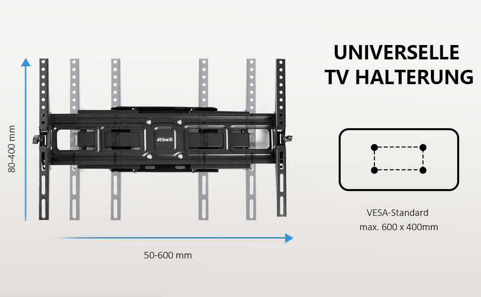 Кріплення для телевізора Ribelli® Schwenkbar Neigbar: поворотне та нахилене, VESA 600x400mm, для телевізорів та моніторів 32-84 дюймів, до 50 кг, підходить для Flat та Curved моделей