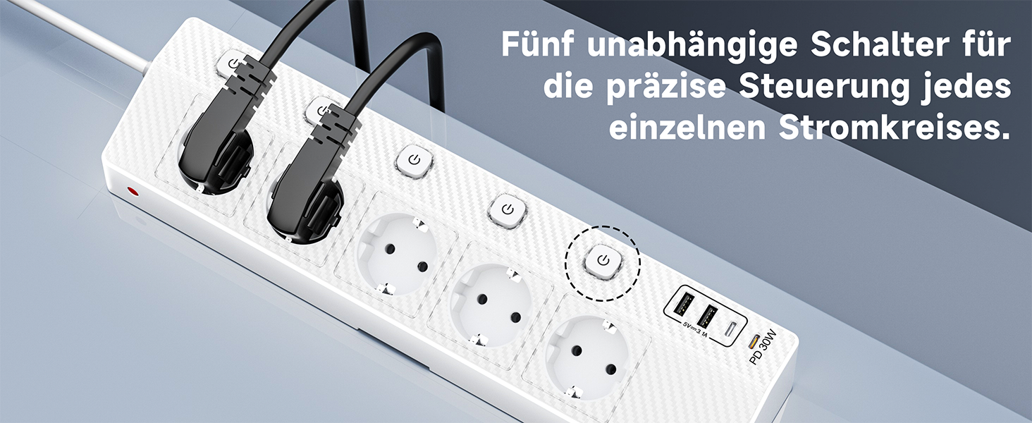 Настільний мережевий фільтр з 5 розетками та 2 USB-C (PD 30W), подовжувач з вимикачем, 4000W, кабель 2м, білий