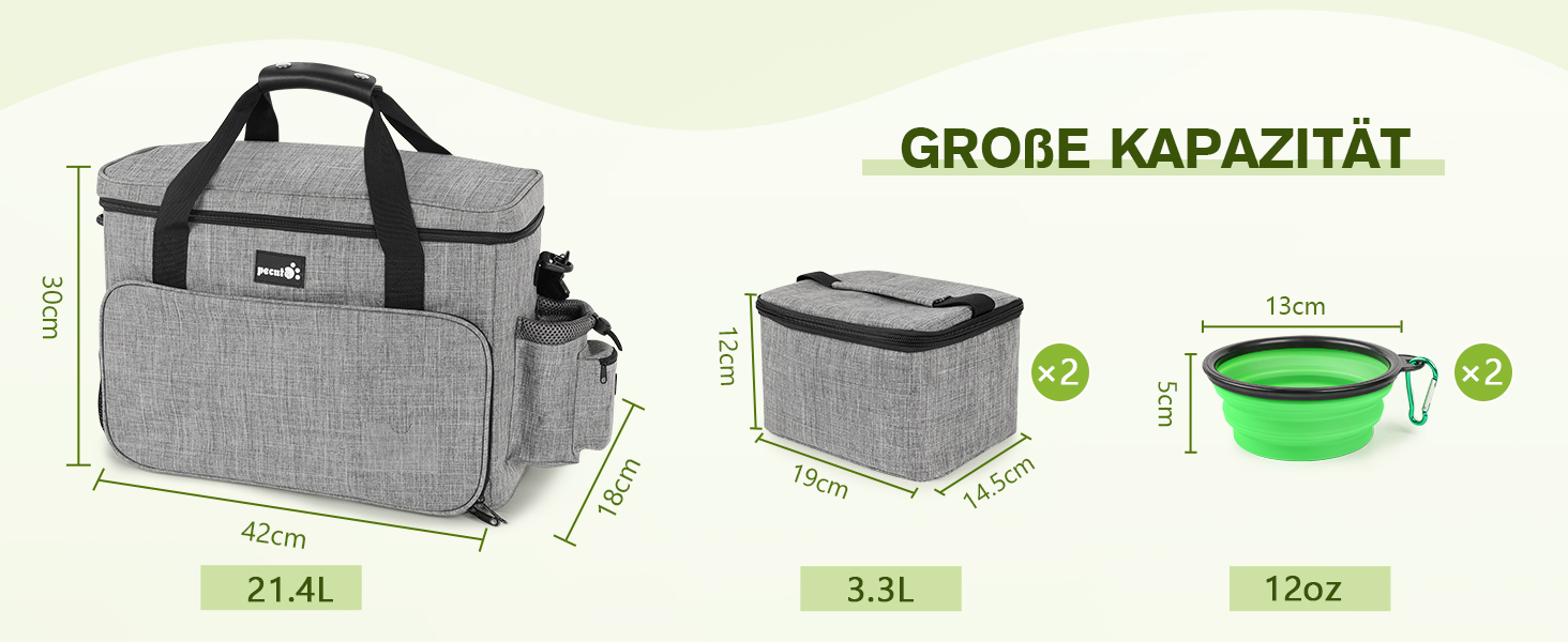 Переносна сумка для собак Pecute, велика переносна сумка для тварин, з 2 кишенями та 2 мисками для собак, сумка для подорожей з собакою, для поїздок, кемпінгу або щоденних прогулянок, сірого кольору 42 * 18 * 30 см, Класична L (42*30*18 см)