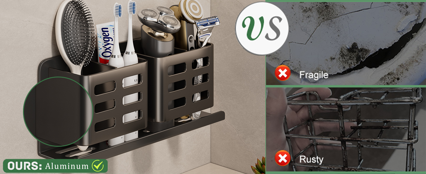 Тримач для зубних щіток на стіну без свердління, алюміній, чорний колір, самоклеюча кріплення для зубних щіток, пасти, бритви та гребеня