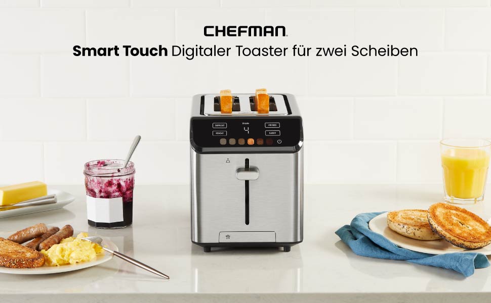 Тостер Chefman з цифровим керуванням, нержавіюча сталь, 2 слоти, 7 рівнів підсмажування, для тостів, багетів та розморожування