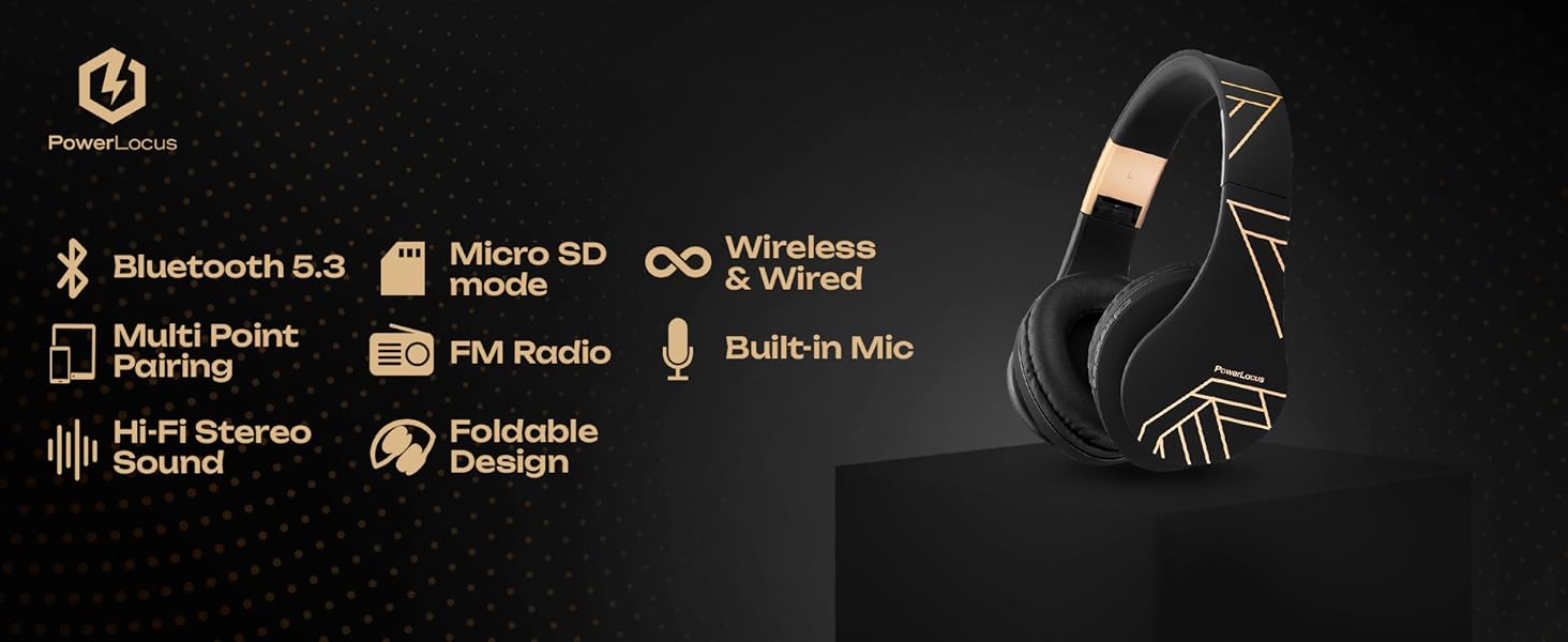 Бездротові навушники PowerLocus Over-Ear з Bluetooth, мікрофоном, складні конструкції, м'які амбушюри, Hi-Fi стерео бас, для дітей/дорослих/TV/PC/Home Office (Чорний/Золотий)