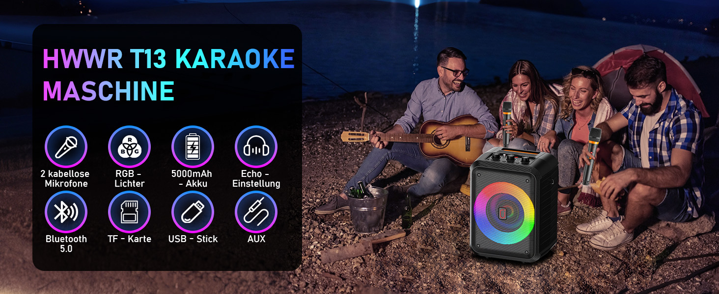 Караоке машина з 2 мікрофонами, портативна Bluetooth караоке система з LED підсвічуванням, Па-система, ідеальна для домашніх вечірок та як подарунок для дорослих та дітей, чорна D13T