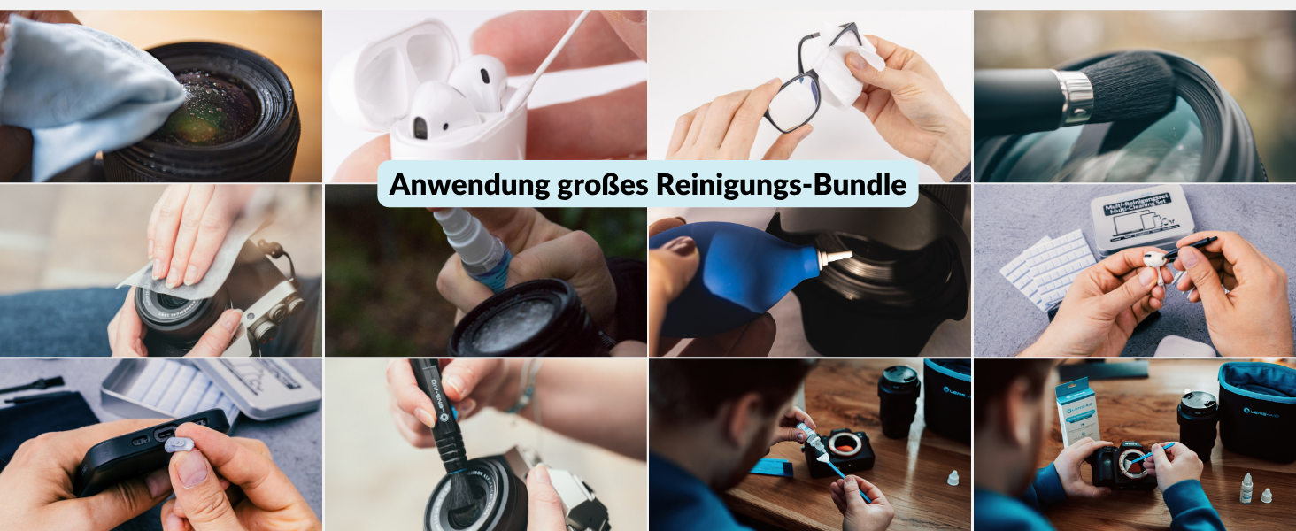 Набір для чищення камери LENS-AID 8-в-1: для об'єктивів, камер повного формату та APS-C. З рідким очищувачем, мікрофіброю, стайками, серветками, стиком, повітряним насосом та іншим.