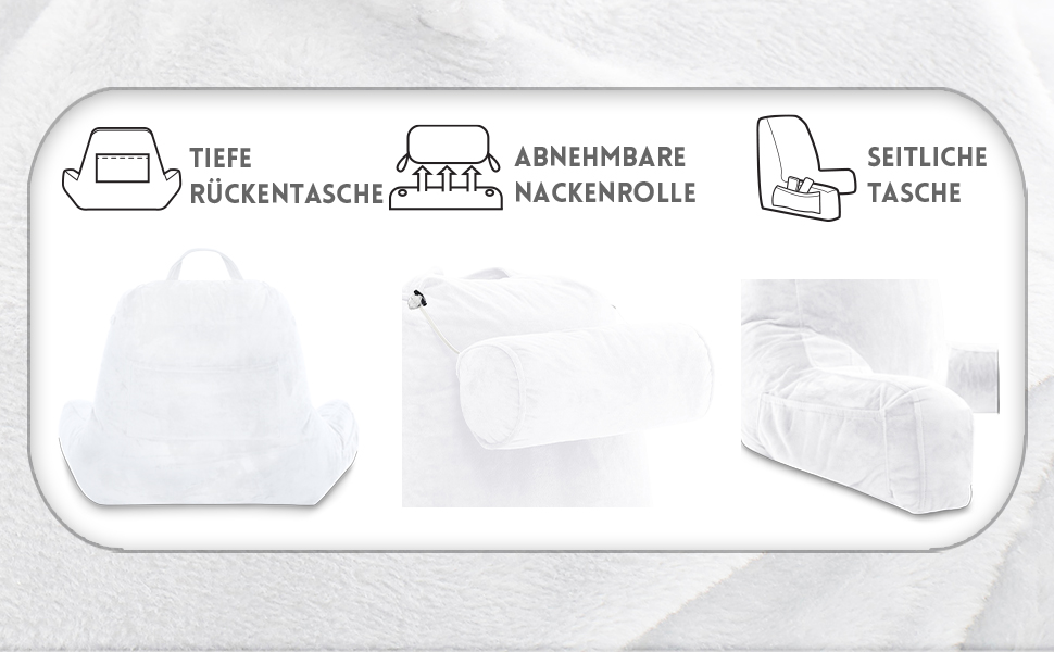 Подушка для чоловіка з підлокітниками - велика, для читання та відпочинку в ліжку. Висока спинка, преміум піна з пам'яті, знімна подушка для шиї на банджі. Білий колір | Оригінальна версія