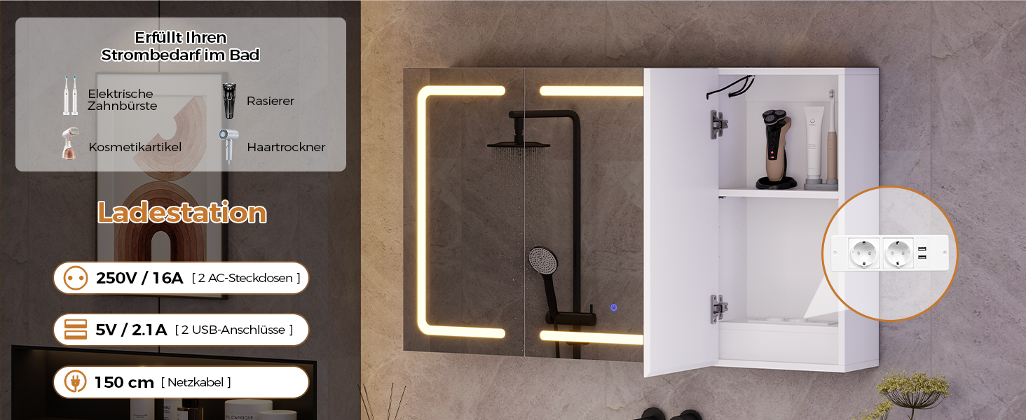 Дзеркало для ванної кімнати зі світлодіодним підсвічуванням, розеткою та 3 колірними температурами | Шафка для ванної кімнати 60x90x16 см (ВxШxГ), диммер + сенсорне управління | Біла шафка-дзеркало для ванної кімнати з 3 регульованими полицями та дзеркалом 60x90x16 см (60x100x16 см)