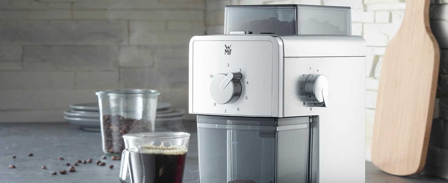 Електрична кавомолка WMF Stelio Edition з жерновою системою, 17 ступенів помолу, для френч-пресу та фільтр-кави, 110 Вт
