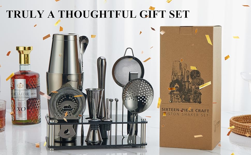Набір шейкерів Boston - 16 предметів, нержавіюча сталь з акриловою основою, сито, щипці для льоду, барна ложка, мірний стакан, мадлер, виливний носик та шпажки для коктейлів (чорний)