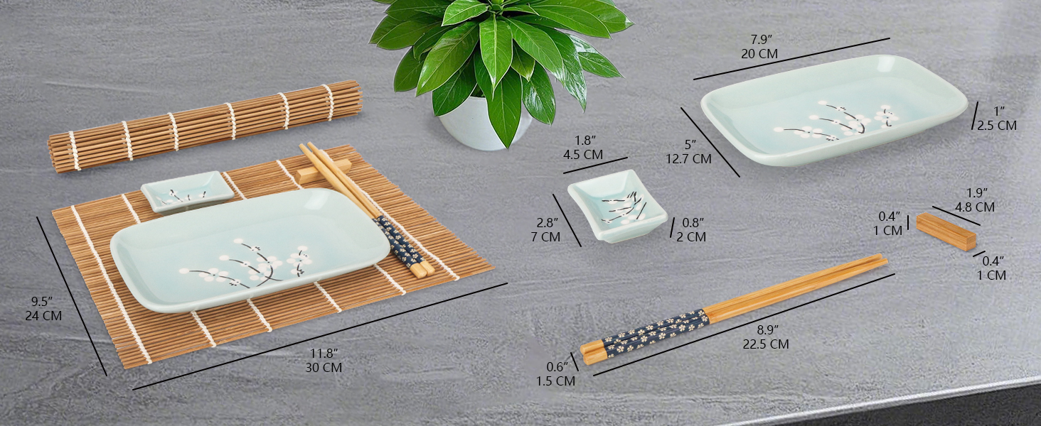 Набір для суші Exzact (10 шт.) – 2 тарілки, 2 миски для соусу, 2 підставки під столові прилади, 2 пари паличок для їжі – високоякісний фарфор, у подарунковій коробці – блакитний колір