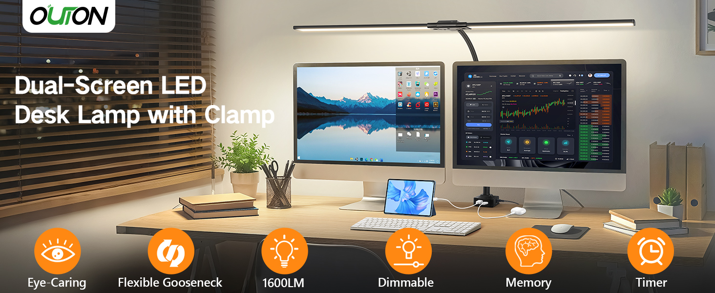 OUTON LED лампа настільна з двома головками, 85.5 см, USB-A & C, регульована яскравість 1600LM, 5 температур кольору, таймер, кріплення, для офісу та дому, чорний