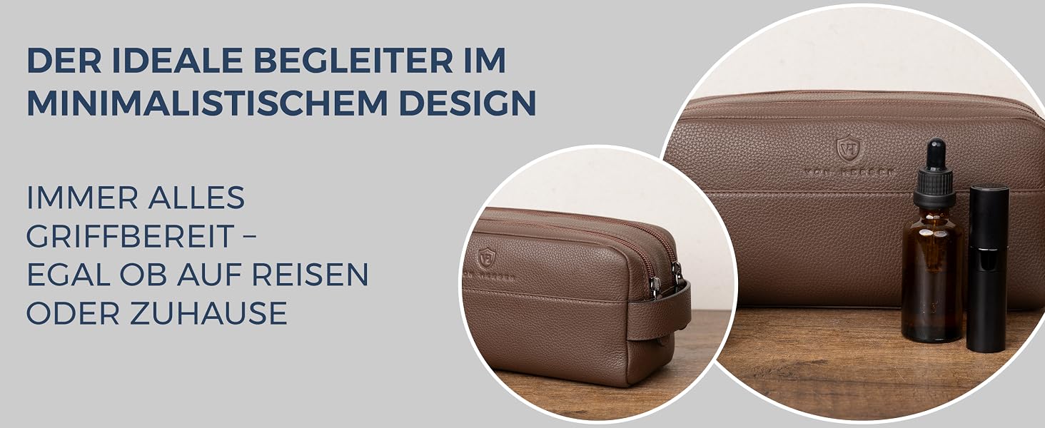 Шкіряна косметичка для подорожей VON HEESEN — універсальна сумка для гігієни та аксесуарів з натуральної шкіри, 2 основних відділення, темно-коричнева, великий розмір