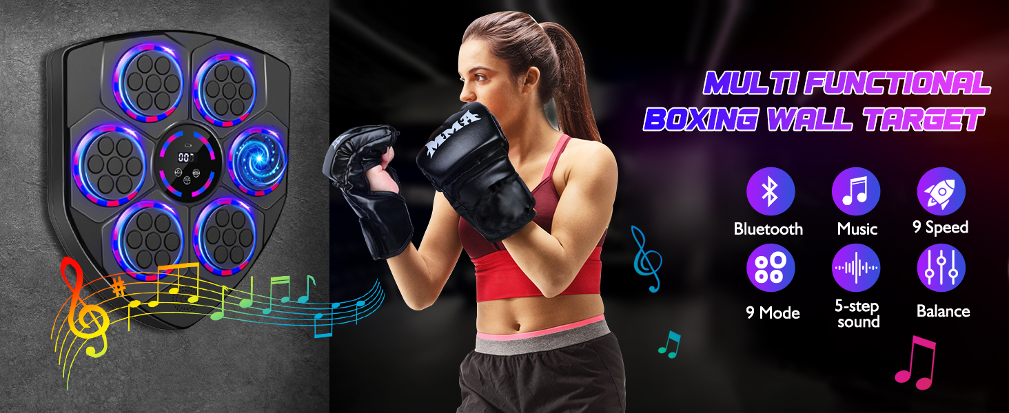 Музична боксерська машина Joellfuner з LED-підсвічуванням, 9 швидкостей, 5 рівнів гучності, режим підрахунку ударів, настінна ціль для тренувань у домашньому фітнес-залі