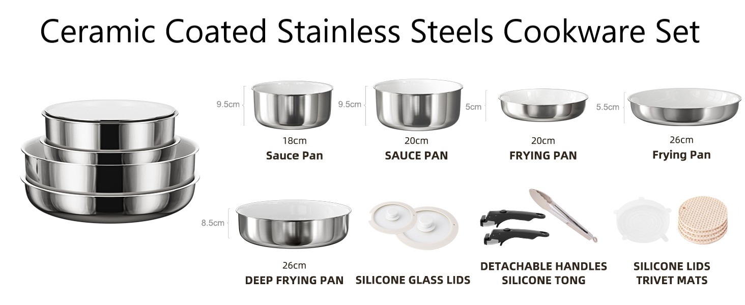RIOVARM Induction Cookware Set with Detachable Handles - 16 Piece Nonstick Granite Stackable Pots and Pans Set with Silicone Lids - PFOA Free Stainless Steel