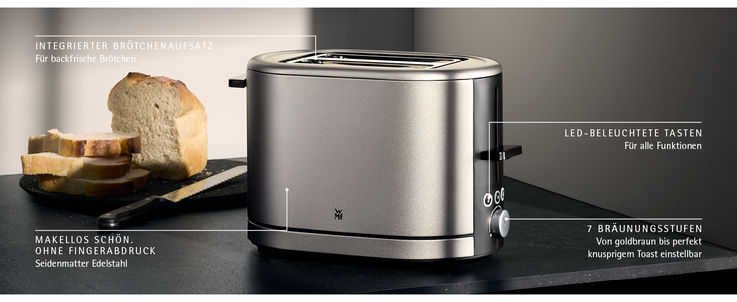 Тостер WMF Lono Silk з нержавіючої сталі, 2 слоти, XXL-насадка для бургерів, 7 рівнів підсмажування, LED-дисплей, широкі слоти, висувна кришка для крихт, анти-відбитки, 900 Вт