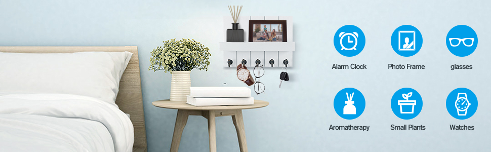 Дерев'яне ключниця з поличкою, 5 гачків, для прихожої, спальні, вітальні, білий колір