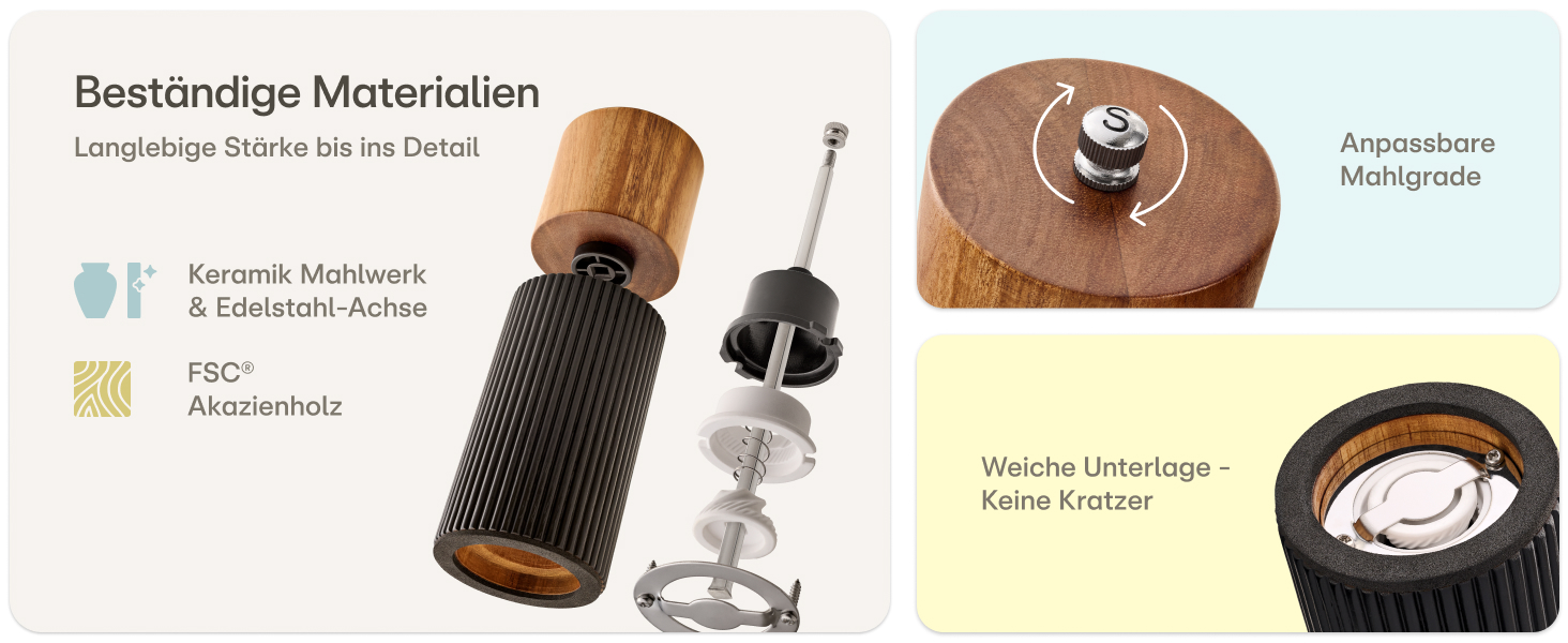 Набір для перцю та солі Praknu з дерев'яної акації з керамічним жорном - регулювання ступеня помолу, довговічний - дерев'яні млини для спецій - набір млинів для солі та перцю, чорний (маленький)